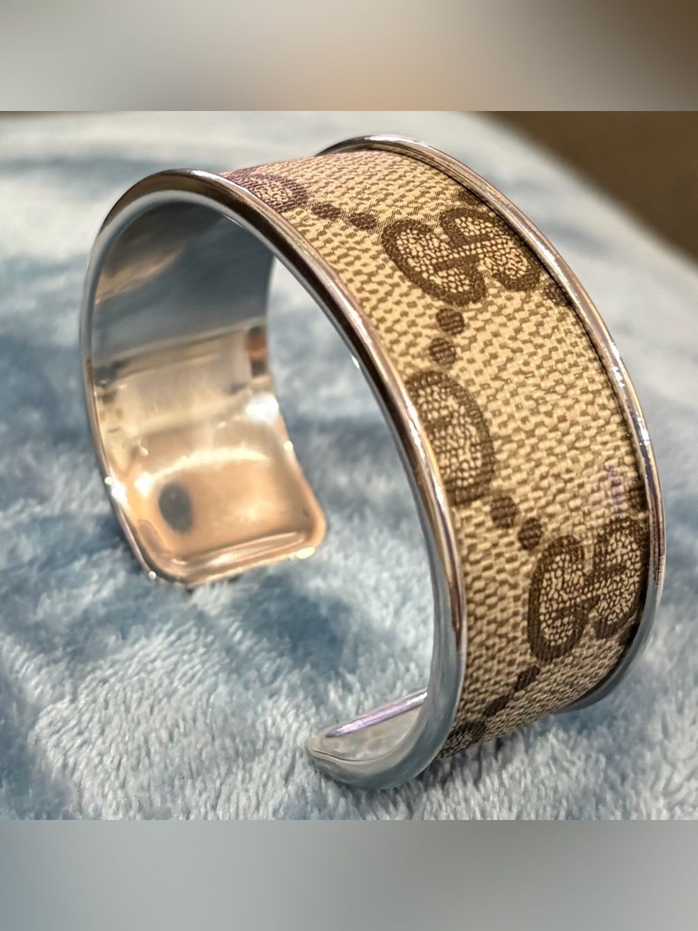 Authentic Gucci Monogram Canvas on Silver Toned Cuff Bracelet